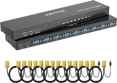 Arvitek VGA KVM Switch 8 Port، USB KVM Switches 8 in 1 Out Selector for 8 PCs Share 1 Monitor و4 أجهزة USB لوحة المفاتيح والماوس والطابعة والماسح الضوئي والسماعات in Kuwait