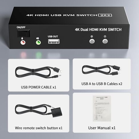 2 Ports Dual Monitor KVM Switch, 4K@60Hz KVM Switch 2 Monitors 2 Computers, KVM Dual Monitor HDMI Switcher 2x2 for 2 Computers Share 2 Displays and 5 USB 2.0 Ports, Wired Remote and USB Power Cable in Saudi Arabia