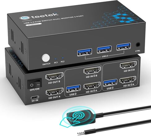 Steetek HDMI KVM Switch 2 شاشات 2 جهاز كمبيوتر، مع 3 محاور USB 3.0، دقة 4K@60 هرتز فائقة الدقة، شاشة مزدوجة KVM Switch HDMI 2.0، EDID، التوصيل والتشغيل in Kuwait