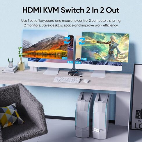 Steetek HDMI KVM Switch 2 شاشات 2 جهاز كمبيوتر، مع 3 محاور USB 3.0، دقة 4K@60 هرتز فائقة الدقة، شاشة مزدوجة KVM Switch HDMI 2.0، EDID، التوصيل والتشغيل in Kuwait