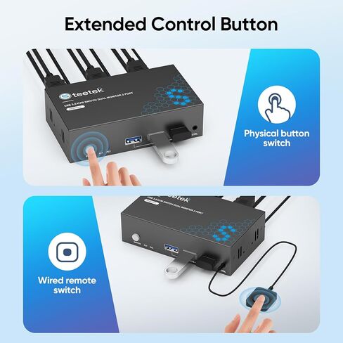 Steetek HDMI KVM Switch 2 شاشات 2 جهاز كمبيوتر، مع 3 محاور USB 3.0، دقة 4K@60 هرتز فائقة الدقة، شاشة مزدوجة KVM Switch HDMI 2.0، EDID، التوصيل والتشغيل in Kuwait