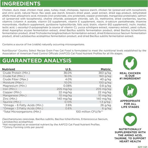 NutriSource Country Select طعام القطط الخالي من الحبوب، مصنوع من الدجاج والبط، 2.2 رطل، طعام جاف للقطط in Kuwait