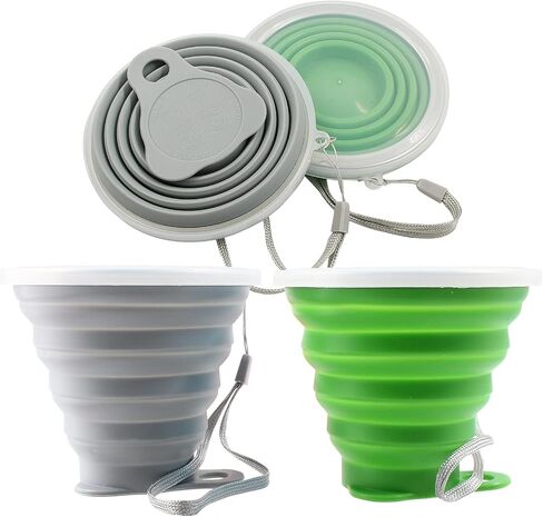 2 Pack Silicone Collapsible Travel Cup Portable Folding Camping Cup Sets with Lids, Pink & Orange in Saudi Arabia