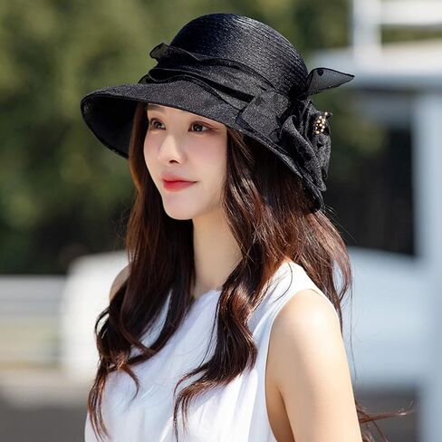 قبعات Lovful الأورجانزا ديربي للنساء، قبعات صيفية واسعة الحواف قابلة للطي، رائعة لحفلات الشاي النسائية in Kuwait