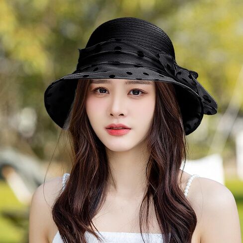 قبعات Lovful الأورجانزا ديربي للنساء، قبعات صيفية واسعة الحواف قابلة للطي، رائعة لحفلات الشاي النسائية in Kuwait