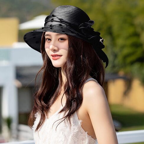 قبعات Lovful الأورجانزا ديربي للنساء، قبعات صيفية واسعة الحواف قابلة للطي، رائعة لحفلات الشاي النسائية in Kuwait
