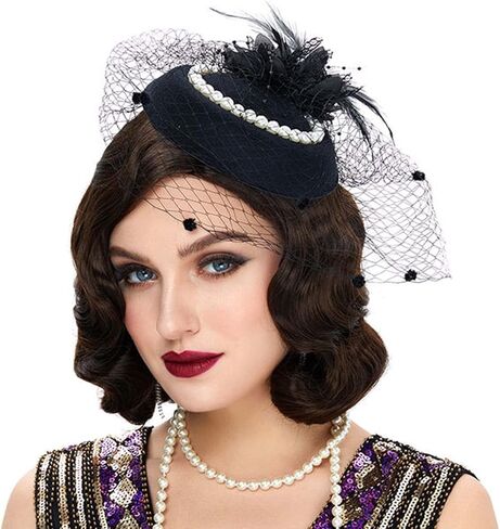 Vintage Fascinator Women's Kentucky Derby Hat Flower Tea Party Hat Pearl Veil Pillbox Hat Feather Headband 20s Fascinators in Saudi Arabia