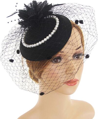 Vintage Fascinator Women's Kentucky Derby Hat Flower Tea Party Hat Pearl Veil Pillbox Hat Feather Headband 20s Fascinators in Saudi Arabia