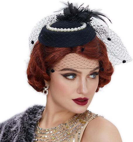 Vintage Fascinator Women's Kentucky Derby Hat Flower Tea Party Hat Pearl Veil Pillbox Hat Feather Headband 20s Fascinators in Saudi Arabia