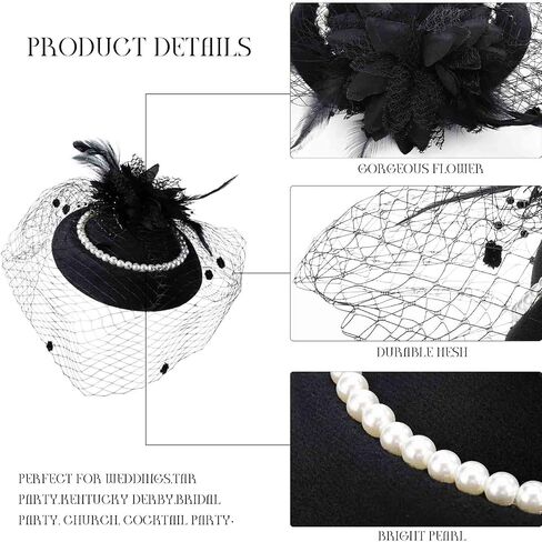 Vintage Fascinator Women's Kentucky Derby Hat Flower Tea Party Hat Pearl Veil Pillbox Hat Feather Headband 20s Fascinators in Saudi Arabia