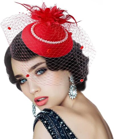 خمر الفاسناتور المرأة كنتاكي ديربي قبعة شاي بالأعشاب المزهرة قبعة حفلات اللؤلؤ الحجاب علبة مستديرة قبعة ريشة عقال 20s قطع زينة in Kuwait