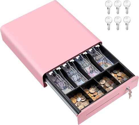 Tera Cash Drawer Heavy Duty: 13" Auto Open Arc Design with 6 Keys 4 Bill 4 Coin Fully Removable Cash Tray Media Slot Key-Lock for Point of Sale (POS) System Small Businesses Vending 335R Pink in Kuwait