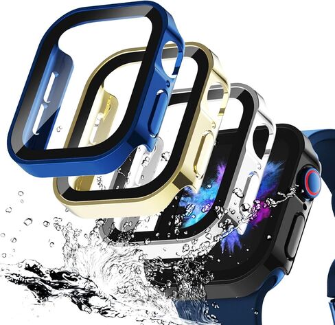 WINGLE متوافق مع حافظة حماية شاشة Apple Watch مقاس 41 ملم السلسلة 8 7، 4 عبوات ذات حافة مستقيمة مقاومة للماء وغطاء حماية كامل مع زجاج مقسى لسلسلة iWatch 8 7، أزرق/ذهبي/فضي/أسود in Kuwait