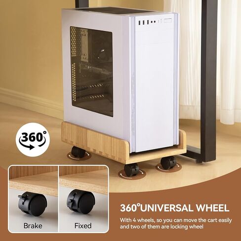 KIRIGEN Wood Computer Tower Stand with Wheels, Rolling PC Cart, Natural in Kuwait