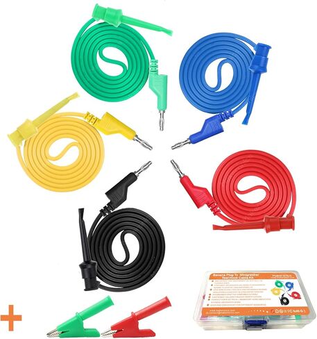 Makeronics 5 قطع من قابس الموز إلى مجموعة كابل خطاف اختبار Minigrabber | قابس موز قابل للتكديس 4 مم | 39.37 بوصة /1 متر أسلاك اختبار كهربائية مرنة 500 فولت/5 أمبير | 5 ألوان | 2 قطعة من مشابك التمساح in Kuwait