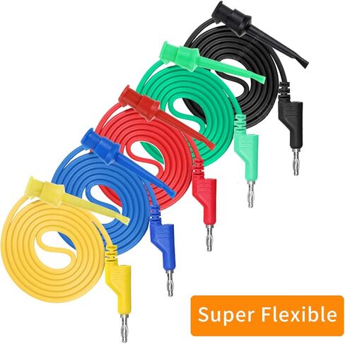 Makeronics 5 قطع من قابس الموز إلى مجموعة كابل خطاف اختبار Minigrabber | قابس موز قابل للتكديس 4 مم | 39.37 بوصة /1 متر أسلاك اختبار كهربائية مرنة 500 فولت/5 أمبير | 5 ألوان | 2 قطعة من مشابك التمساح in Kuwait