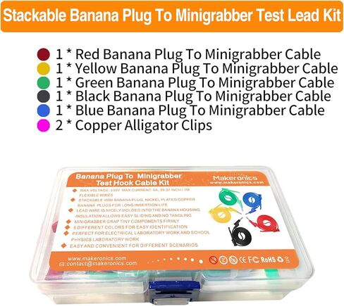 Makeronics 5 قطع من قابس الموز إلى مجموعة كابل خطاف اختبار Minigrabber | قابس موز قابل للتكديس 4 مم | 39.37 بوصة /1 متر أسلاك اختبار كهربائية مرنة 500 فولت/5 أمبير | 5 ألوان | 2 قطعة من مشابك التمساح in Kuwait
