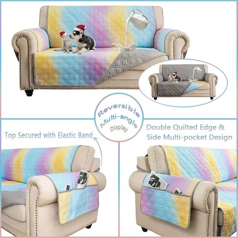 Waterproof Chair Covers 23 Inch Reversible Sofa Covers Reusable Printing Covers for Living Room Small Couch Cover for Single Seat Furniture Protector Geometric Patchwork Rainbow Ombre+Gray in Kuwait