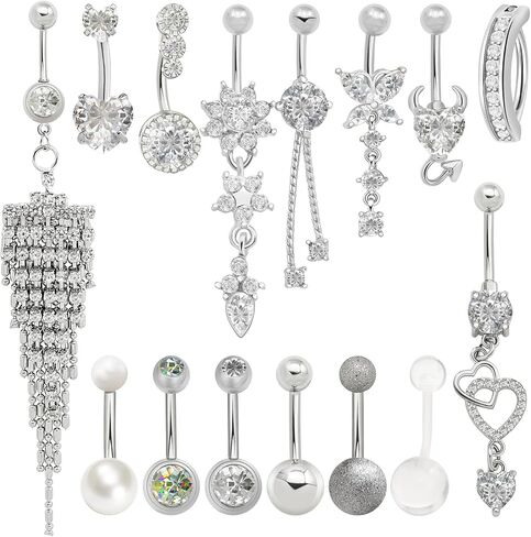 RechicGu 15pcs Surgical Steel Belly Button Rings, 14G Belly Rings Hypoallergenic Stainless Steel Dangling Navel Piercing Belly Button Barbell Barbs Heart Flower Butterfly Body Jewelry for Women in Saudi Arabia