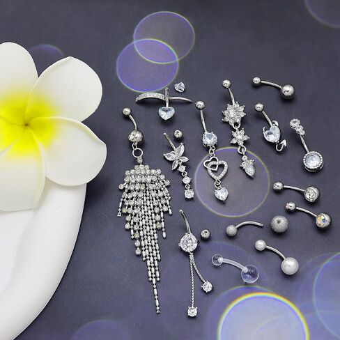 RechicGu 15pcs Surgical Steel Belly Button Rings, 14G Belly Rings Hypoallergenic Stainless Steel Dangling Navel Piercing Belly Button Barbell Barbs Heart Flower Butterfly Body Jewelry for Women in Saudi Arabia