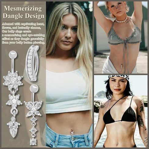 RechicGu 15pcs Surgical Steel Belly Button Rings, 14G Belly Rings Hypoallergenic Stainless Steel Dangling Navel Piercing Belly Button Barbell Barbs Heart Flower Butterfly Body Jewelry for Women in Saudi Arabia
