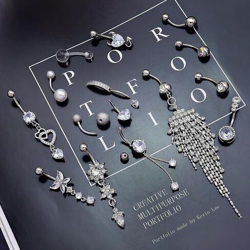 RechicGu 15pcs Surgical Steel Belly Button Rings, 14G Belly Rings Hypoallergenic Stainless Steel Dangling Navel Piercing Belly Button Barbell Barbs Heart Flower Butterfly Body Jewelry for Women in Saudi Arabia