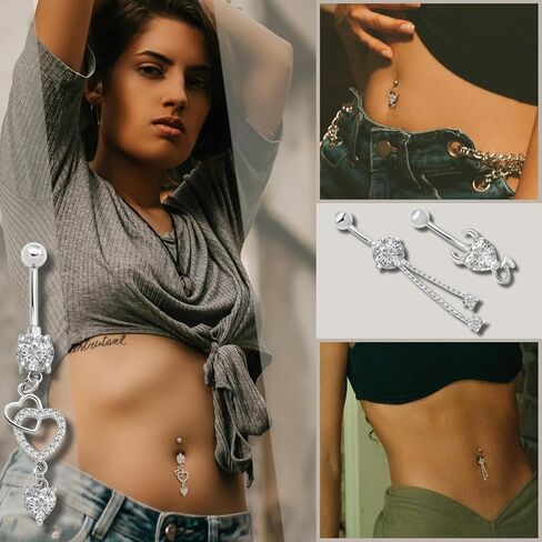 RechicGu 15pcs Surgical Steel Belly Button Rings, 14G Belly Rings Hypoallergenic Stainless Steel Dangling Navel Piercing Belly Button Barbell Barbs Heart Flower Butterfly Body Jewelry for Women in Saudi Arabia
