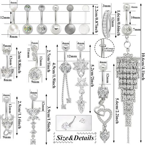 RechicGu 15pcs Surgical Steel Belly Button Rings, 14G Belly Rings Hypoallergenic Stainless Steel Dangling Navel Piercing Belly Button Barbell Barbs Heart Flower Butterfly Body Jewelry for Women in Saudi Arabia