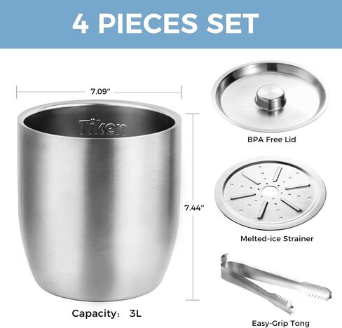 Tiken 3L Double-Wall Vacuum Insulated Ice Bucket with Lid & Tong Stainless Steel Champagne Buckets for Cocktail Bar, Parties & Outdoor in Saudi Arabia