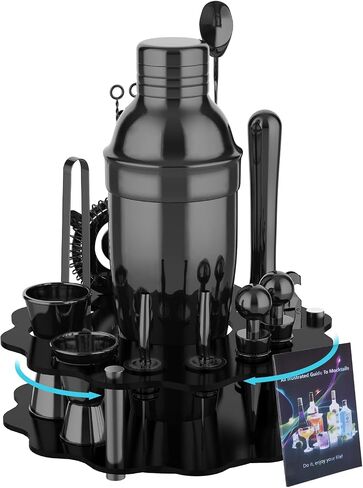 Vabaso 20 Piece Cocktail Shaker Set with Rotating Stand, 25oz Stainless Steel Black Bartender Kit Bar Tools Set for Home, Bars, Parties and Traveling, Cocktail Lovers Gift in Saudi Arabia