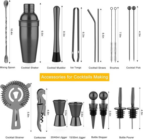 Vabaso 20 Piece Cocktail Shaker Set with Rotating Stand, 25oz Stainless Steel Black Bartender Kit Bar Tools Set for Home, Bars, Parties and Traveling, Cocktail Lovers Gift in Saudi Arabia