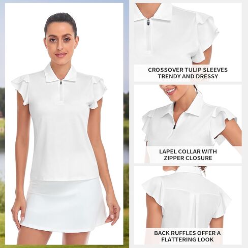 Soneven Womens Ruffle Sleeve Golf Polo Shirts Moisture Wicking Print Work Blouses in Saudi Arabia