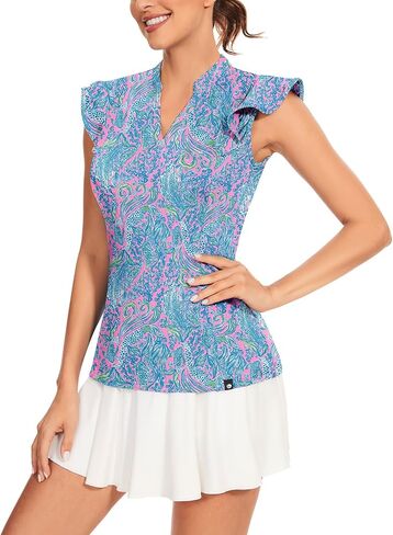 Soneven Womens Ruffle Sleeve Golf Polo Shirts Moisture Wicking Print Work Blouses in Saudi Arabia