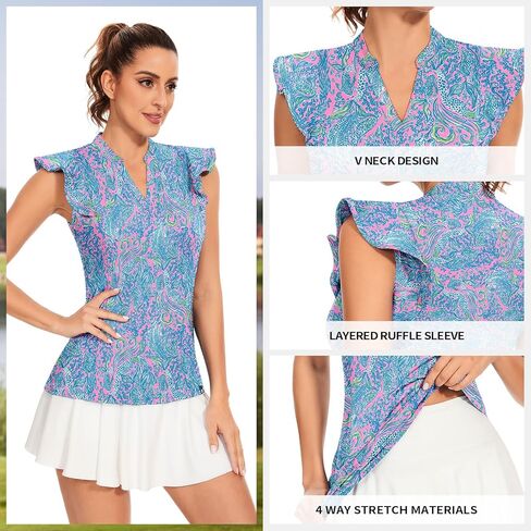 Soneven Womens Ruffle Sleeve Golf Polo Shirts Moisture Wicking Print Work Blouses in Saudi Arabia
