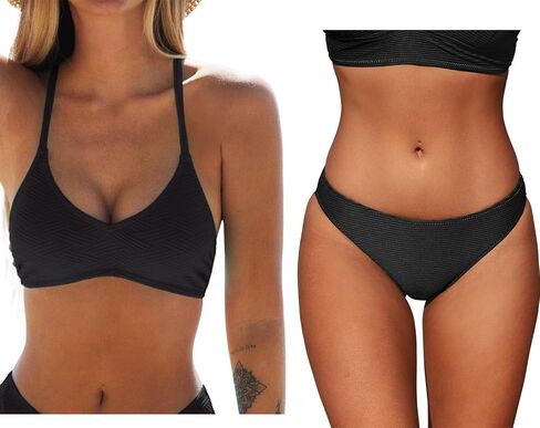 CUPSHE Women's Bikini Sets Crisscross Self Tie Ribbed Low Waisted Black, M in Saudi Arabia