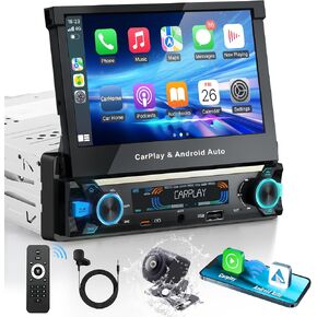 Single Din Touchscreen Car Stereo, Wireless CarPlay, Motorized 7" Flip Out in Kuwait