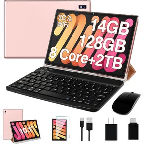 Oangcc Tablet Android 13 Tablets 10 Inch 14GB RAM 128GB ROM 2TB Expand with Keyboard, Mouse, Case, 8000mAh Battery, Octa-Core, GPS, 5G/2.4G Wi-Fi, BT5.0, IPS HD Display (Gold) in Kuwait