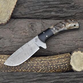 Knives Ranch Handmade 8.5" Damascus Steel Hunting Knife – Full Tang Fixed Blade – Ram’s Horn Handle with Micarta Bolster – Survival, Camping, Skinning – Dual Carry Leather Sheath (2038-RH) in Kuwait