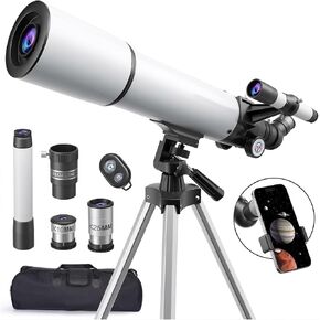 80mm Aperture Refractor Telescope for Adults & Beginners, 20X-150X Magnification Astronomy Telescope with Aluminum Tripod, Smartphone Adapter & Carry Bag, White in Kuwait
