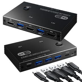 8K@60Hz KVM Switch 1 Monitors 2 Computers - 8K Hd Mi KVM Switcher for Two Computers with 4 USB 3.0 A/C Port Share One Monitor Keyboard Mouse Printer U-Drive, with EDID Adaptive and 2*USB Cables in Kuwait