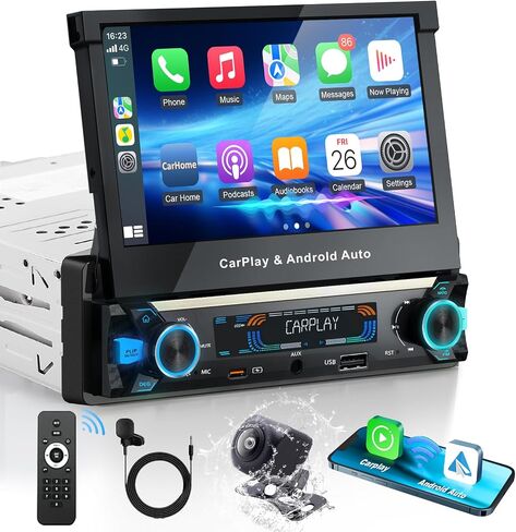 Single Din Touchscreen Car Stereo, Wireless CarPlay, Motorized 7" Flip Out in Kuwait