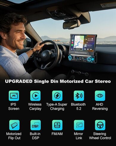 Single Din Touchscreen Car Stereo, Wireless CarPlay, Motorized 7" Flip Out in Kuwait