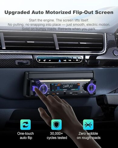 Single Din Touchscreen Car Stereo, Wireless CarPlay, Motorized 7" Flip Out in Kuwait