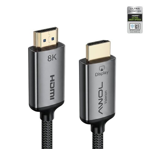 Valerion AWOL Ultra High Speed HDMI® Cable 12m/40ft, Fiber Optic Core, 8K@60Hz, 4K@120Hz, Dynamic HDR, ALLM/VRR Gaming, Braided 24K Gold-Plated Connectors for PS5, Xbox, PC, TV and Projector in Kuwait