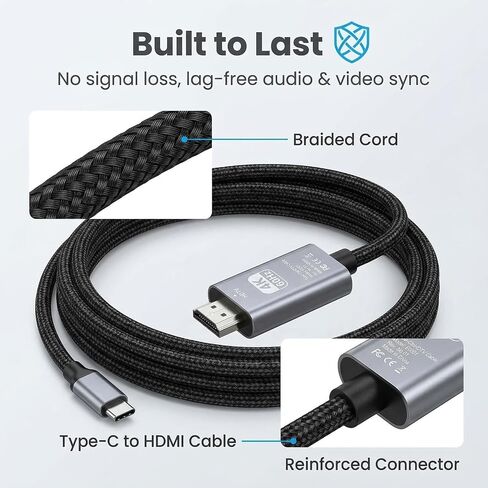 USB C to HDMI Cable 6.6FT 4K@60Hz Type-C to HDMI for Home Office, Thunderbolt 4/3 Compatible, High-Speed Type C to HDMI 2.0 Braided Cord for Laptop MacBook Pro/Air, iPhone 17/16 Max, iMac iPad Surface in Kuwait