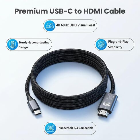 USB C to HDMI Cable 6.6FT 4K@60Hz Type-C to HDMI for Home Office, Thunderbolt 4/3 Compatible, High-Speed Type C to HDMI 2.0 Braided Cord for Laptop MacBook Pro/Air, iPhone 17/16 Max, iMac iPad Surface in Kuwait