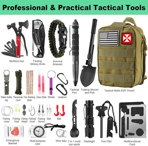 Survival Kit 256 in 1, First Aid Kit Survival Gear Tools Trauma Kit with Molle Pouch for Outdoor, Camping, Hunting, Hiking, Earthquake, Home, Office, Gifts for Men Dad Husband Women in Kuwait