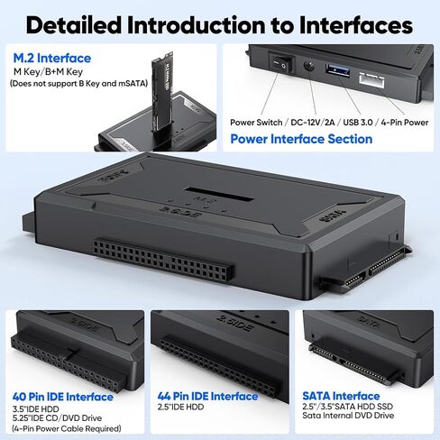 Hard Drive Reader 4-in-1, M.2 SATA IDE to USB Docking Station, 10Gbps NVME Dock, Computer Ultra Data Retrieval Kit with 12V/2A Power Adapter for Internal M.2 2.5" 3.5" PATA HDD SSD Blu-ray Drive in Kuwait