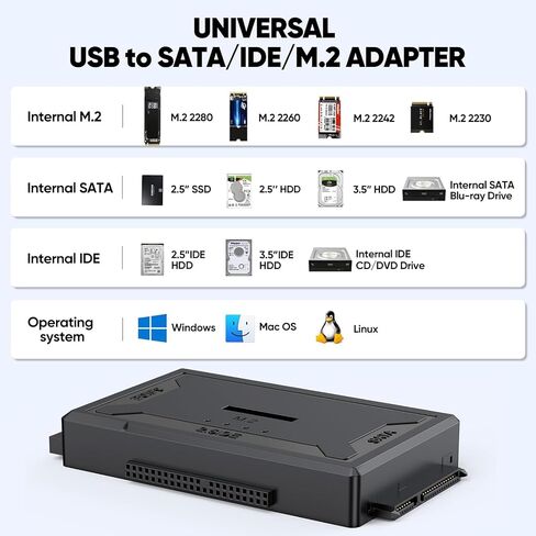Hard Drive Reader 4-in-1, M.2 SATA IDE to USB Docking Station, 10Gbps NVME Dock, Computer Ultra Data Retrieval Kit with 12V/2A Power Adapter for Internal M.2 2.5" 3.5" PATA HDD SSD Blu-ray Drive in Kuwait