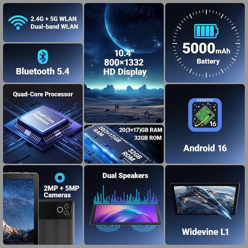 Android 16 Tablet 10 Inch, 20GB RAM 32GB ROM 1TB Expandable, Fast WiFi 6 & BT 5.4 Electronics Tablets 5-Core, HD IPS Touchscreen, 8H+ Battery, 2*Camera Tablet for Kids & Adults, Gift, Streaming, Work in Kuwait